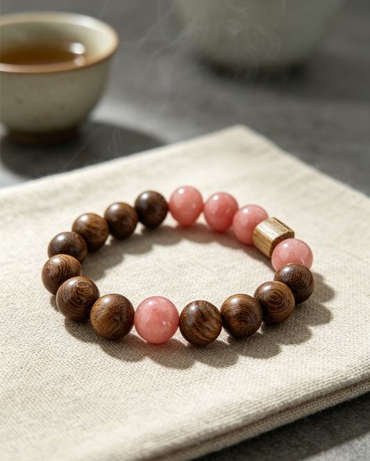 ZORZU Handmade Wood & Strawberry Quartz Bracelet, Zen Daily Jewelry