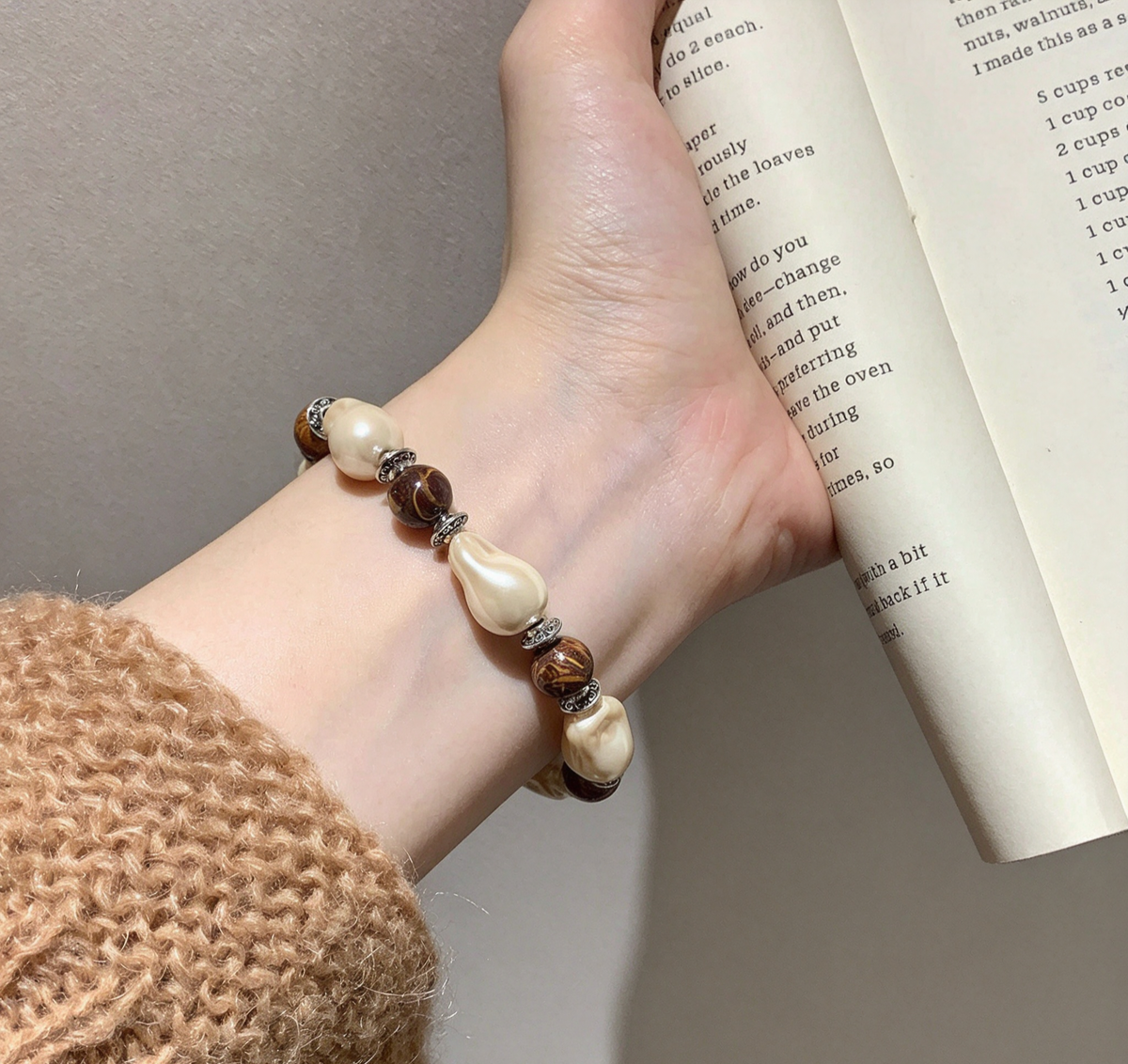 ZORZU Handmade Faux Baroque Pearl & Wood Bead Bracelet, New Chinese Daily Jewelry