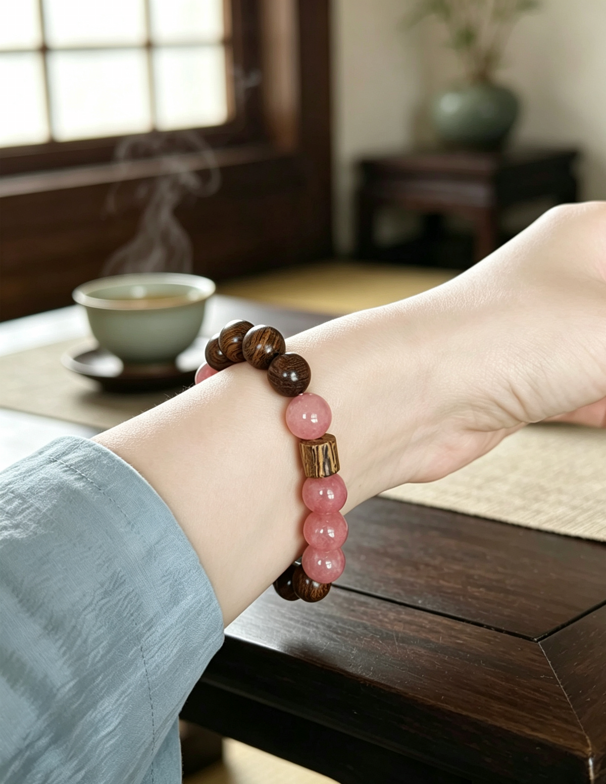 ZORZU Handmade Wood & Strawberry Quartz Bracelet, New -Chinese  style Jewelry
