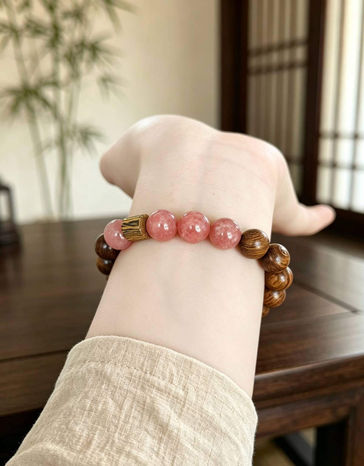 ZORZU Handmade Wood & Strawberry Quartz Bracelet, New -Chinese  style Jewelry