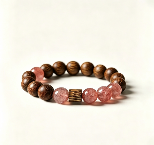 ZORZU Handmade Wood & Strawberry Quartz Bracelet, Zen Daily Jewelry