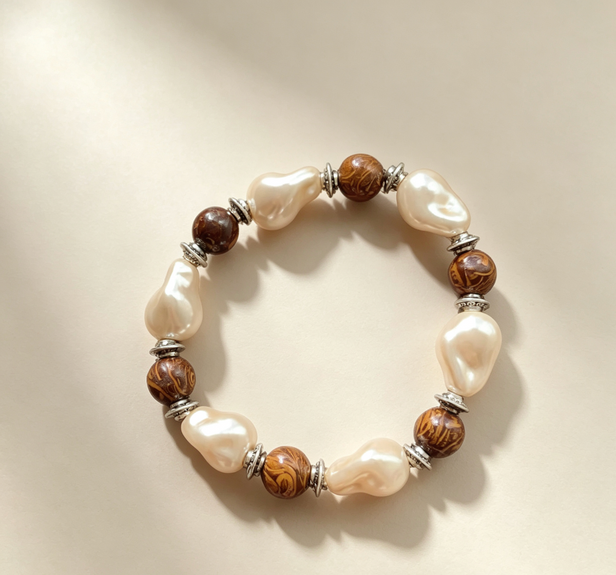 ZORZU Handmade Faux Baroque Pearl & Wood Bead Bracelet, New Chinese Daily Jewelry