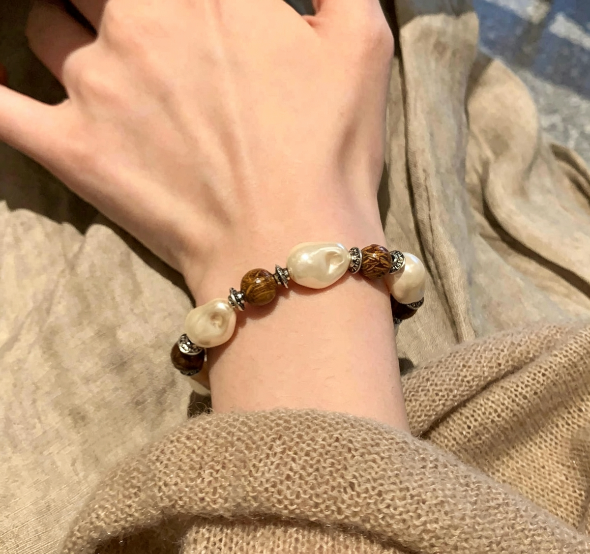 ZORZU Handmade Faux Baroque Pearl & Wood Bead Bracelet, New Chinese Daily Jewelry