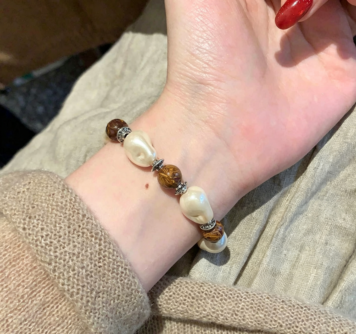 ZORZU Handmade Faux Baroque Pearl & Wood Bead Bracelet, New Chinese Daily Jewelry