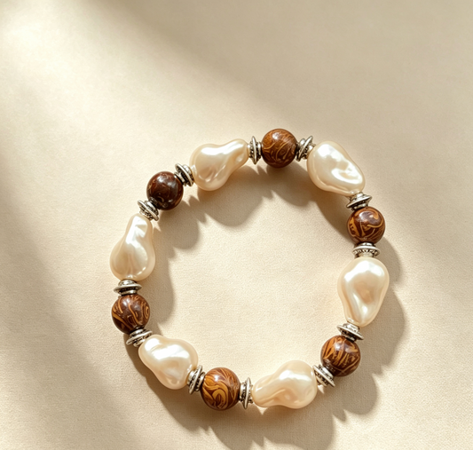 ZORZU Handmade Faux Baroque Pearl & Wood Bracelet,New-chinese style Jewelry