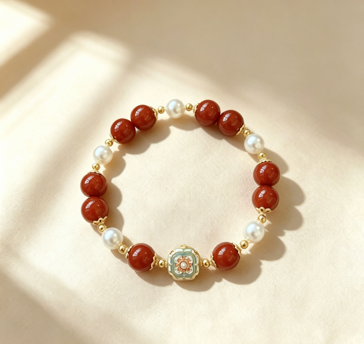 ZORZU Handmade Red Agate & Pearl Bracelet, New‑Chinese style Jewelry