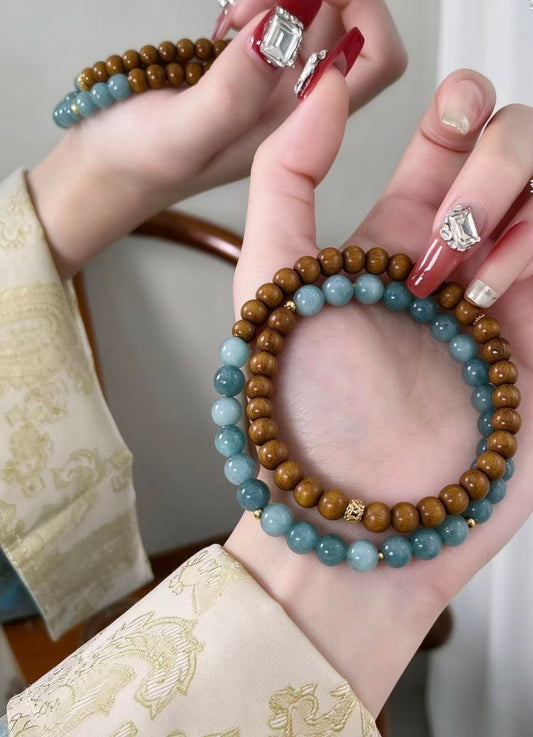 Zorzu Studio Double Wrap Bracelet, New Chinese Wooden & Imitation Cook Blue Beads Handmade Bracelet