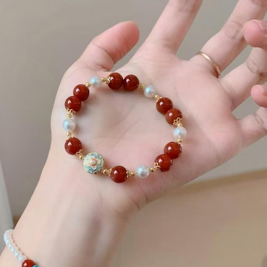 ZORZU Handmade Red Agate & Pearl Bracelet, New‑Chinese style Jewelry