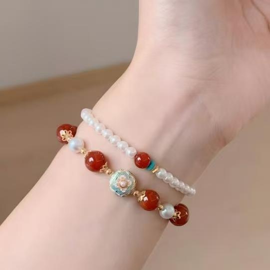 ZORZU Handmade Red Agate & Pearl Bracelet, New‑Chinese style Jewelry