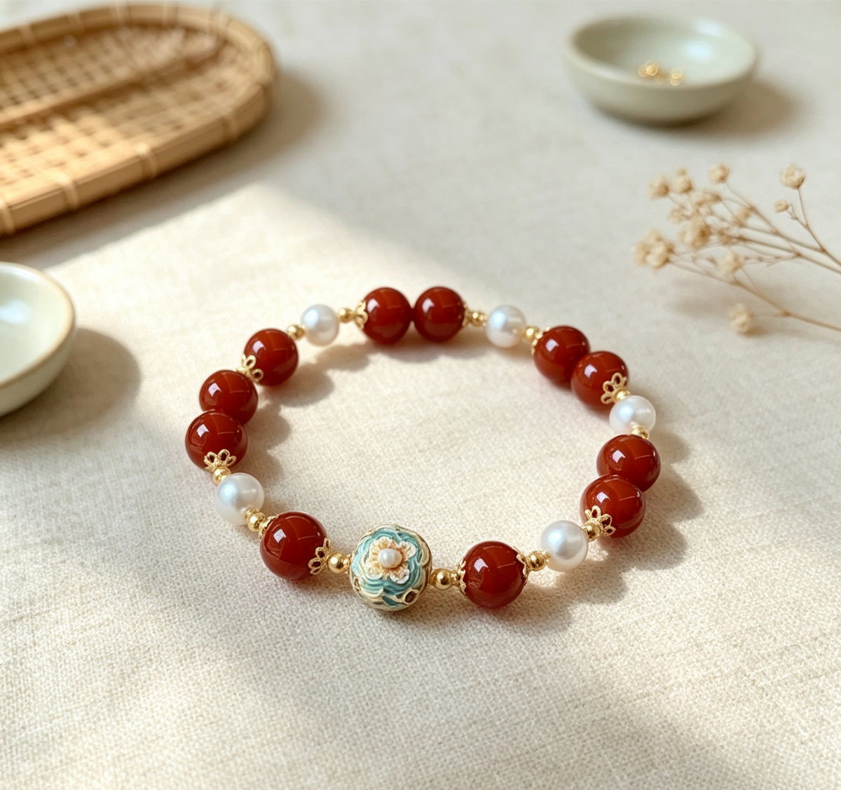 ZORZU Handmade Red Agate & Pearl Bracelet, New‑Chinese style Jewelry